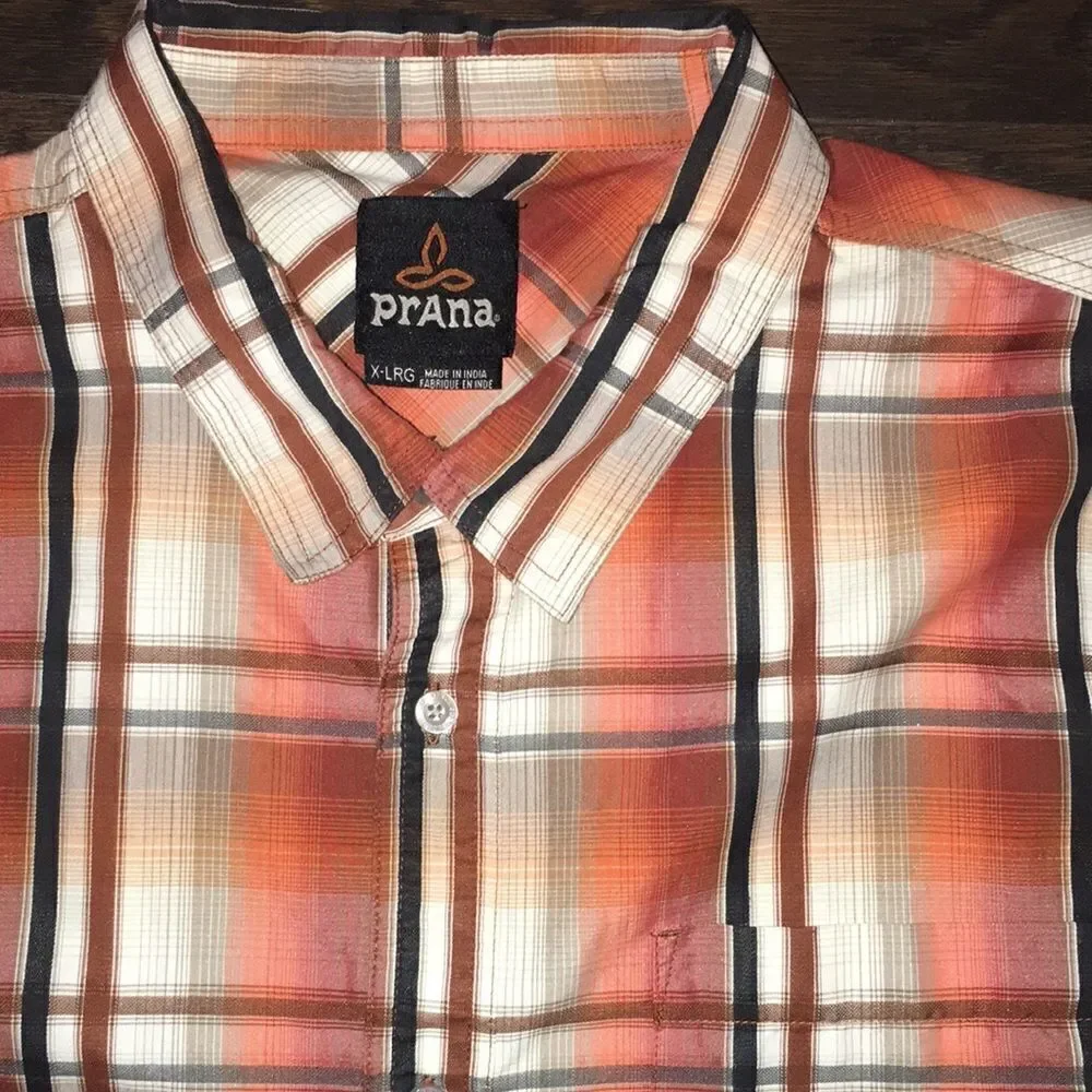 Poly/cotton shirt sleeve mens $95 plaid check PrAna Button down travel shirt-XL